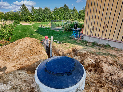 Man standing in a hole next to septic tank